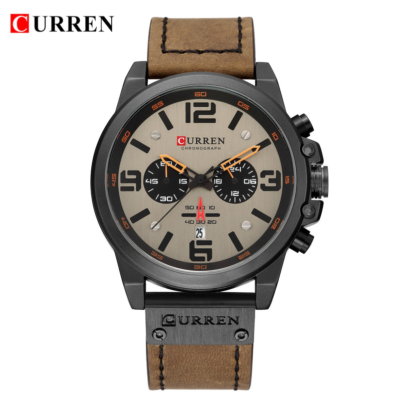 CURREN-Relógios de pulso a quartzo e à prova d'água com cronógrafo, estilo militar, pulseira de couro legítimo, masculino e de marca de luxo