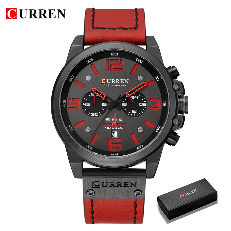 CURREN-Relógios de pulso a quartzo e à prova d'água com cronógrafo, estilo militar, pulseira de couro legítimo, masculino e de marca de luxo