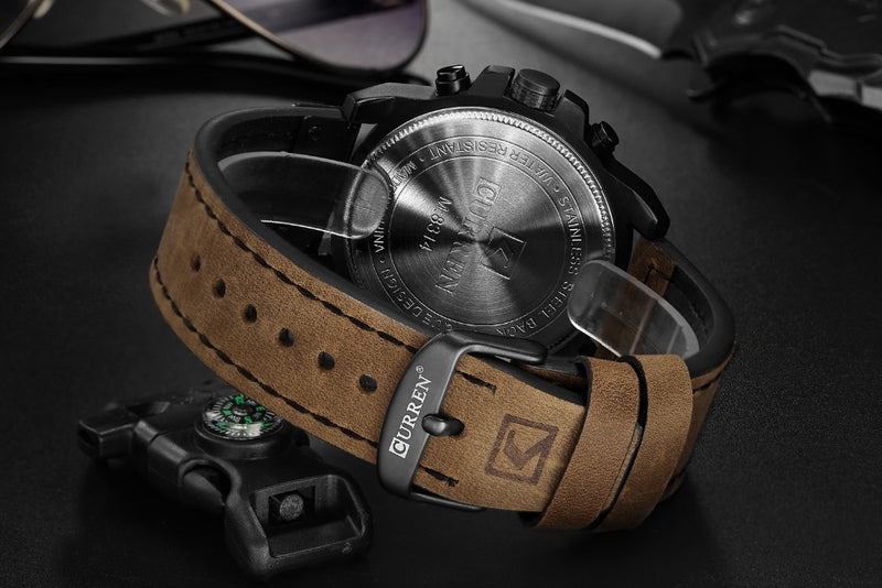 CURREN-Relógios de pulso a quartzo e à prova d'água com cronógrafo, estilo militar, pulseira de couro legítimo, masculino e de marca de luxo