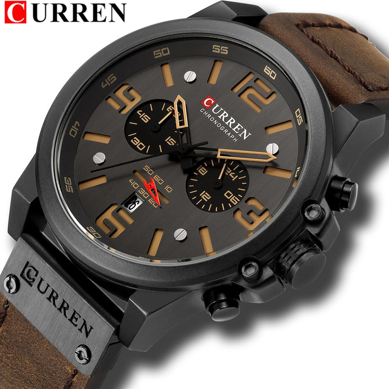 CURREN-Relógios de pulso a quartzo e à prova d'água com cronógrafo, estilo militar, pulseira de couro legítimo, masculino e de marca de luxo