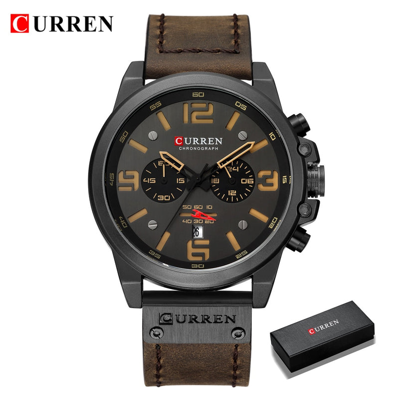 CURREN-Relógios de pulso a quartzo e à prova d'água com cronógrafo, estilo militar, pulseira de couro legítimo, masculino e de marca de luxo