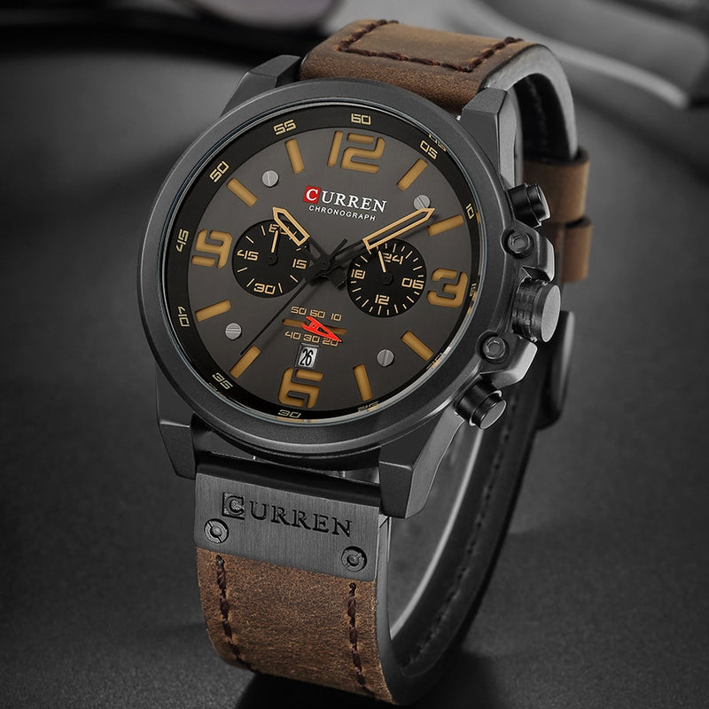 CURREN-Relógios de pulso a quartzo e à prova d'água com cronógrafo, estilo militar, pulseira de couro legítimo, masculino e de marca de luxo