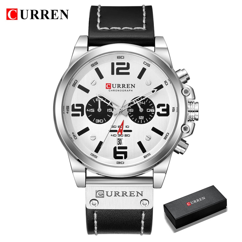 CURREN-Relógios de pulso a quartzo e à prova d'água com cronógrafo, estilo militar, pulseira de couro legítimo, masculino e de marca de luxo