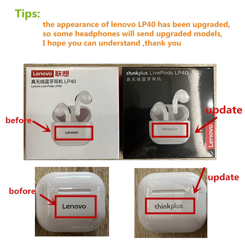 Fone de Ouvido Original Lenovo LP40 TWS Wireless Earphone Bluetooth 5.0